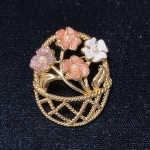 Marvella vintage Gold Floral basket Brooch with Pink and White Accents